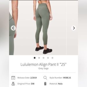 NWT Align Pant 25” - Size 4 - Grey Sage